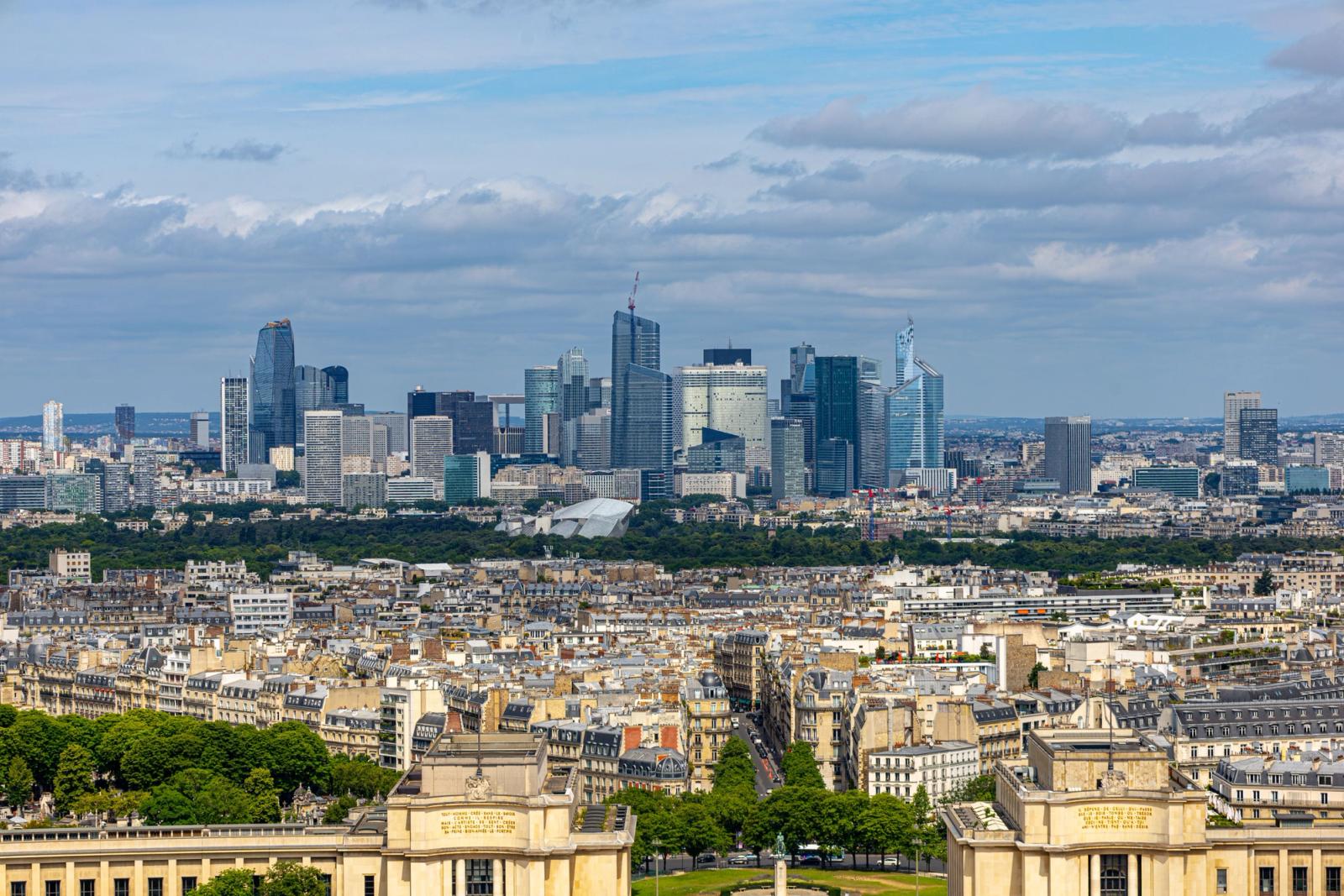 Aerial view of La Défense skyline in Paris with urban architecture and cityscape