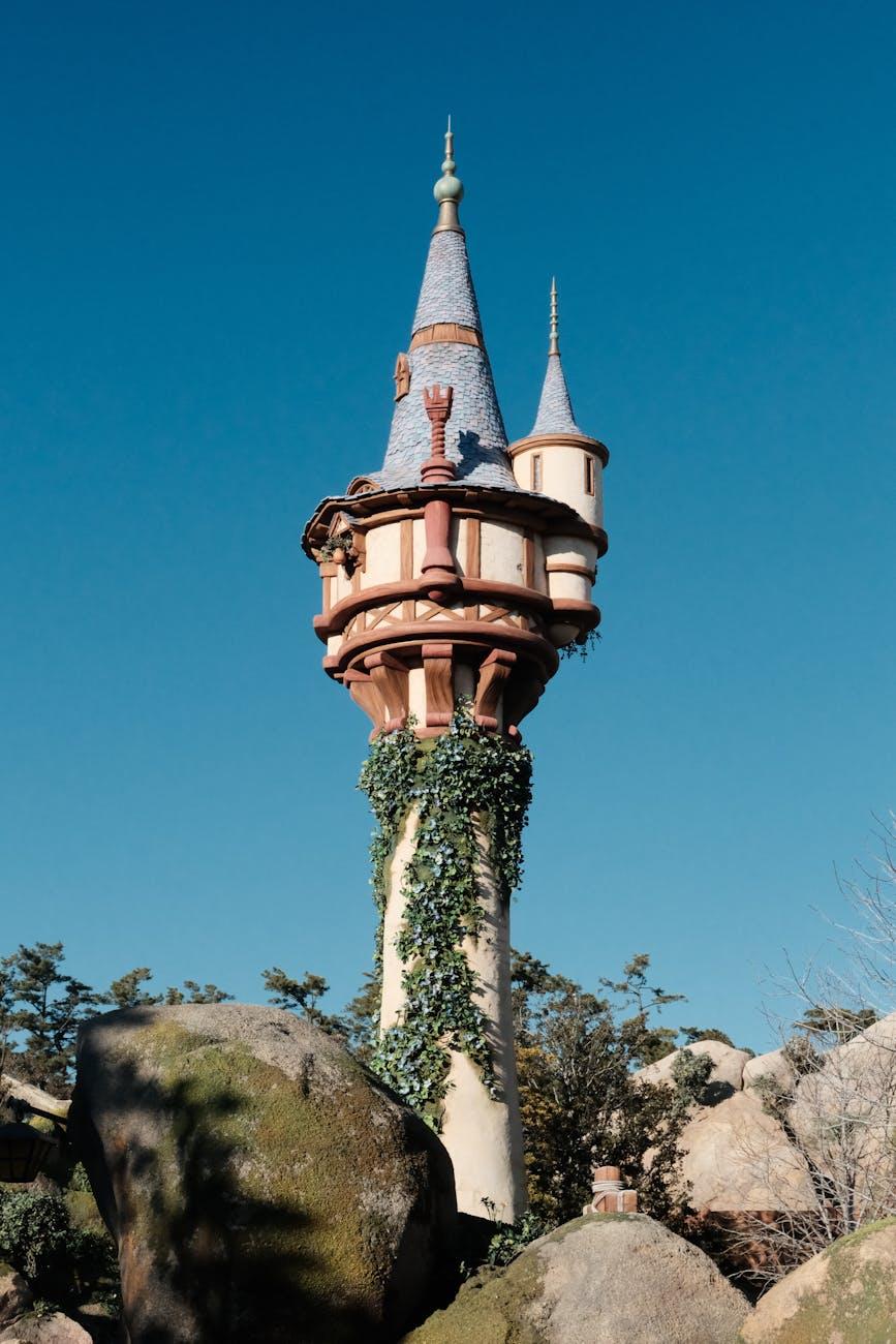 Fantasy tower with ivy on a sunny day in Urayasu, Japan