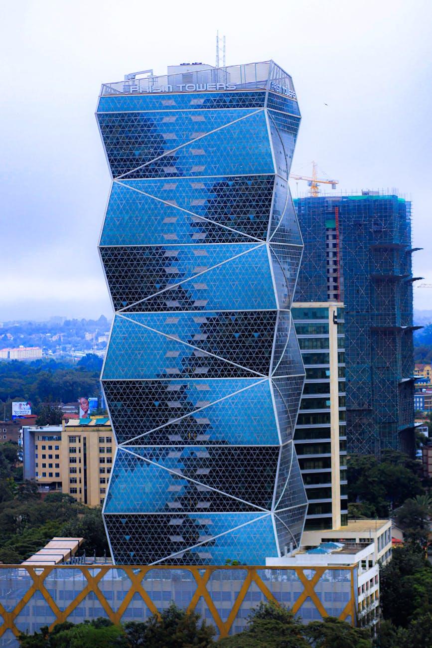 A modern skyscraper with a unique facade in Nairobi's central business district