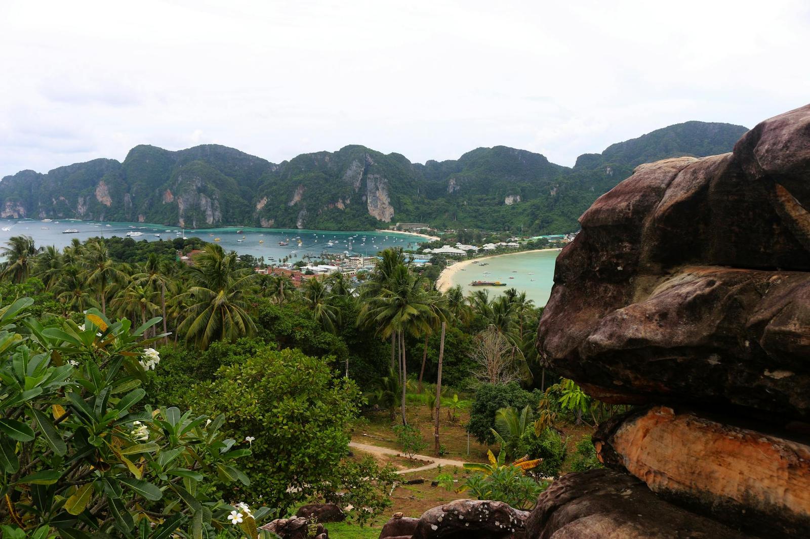 A breathtaking view of the Phi Phi Islands with lush greenery and rocky shores