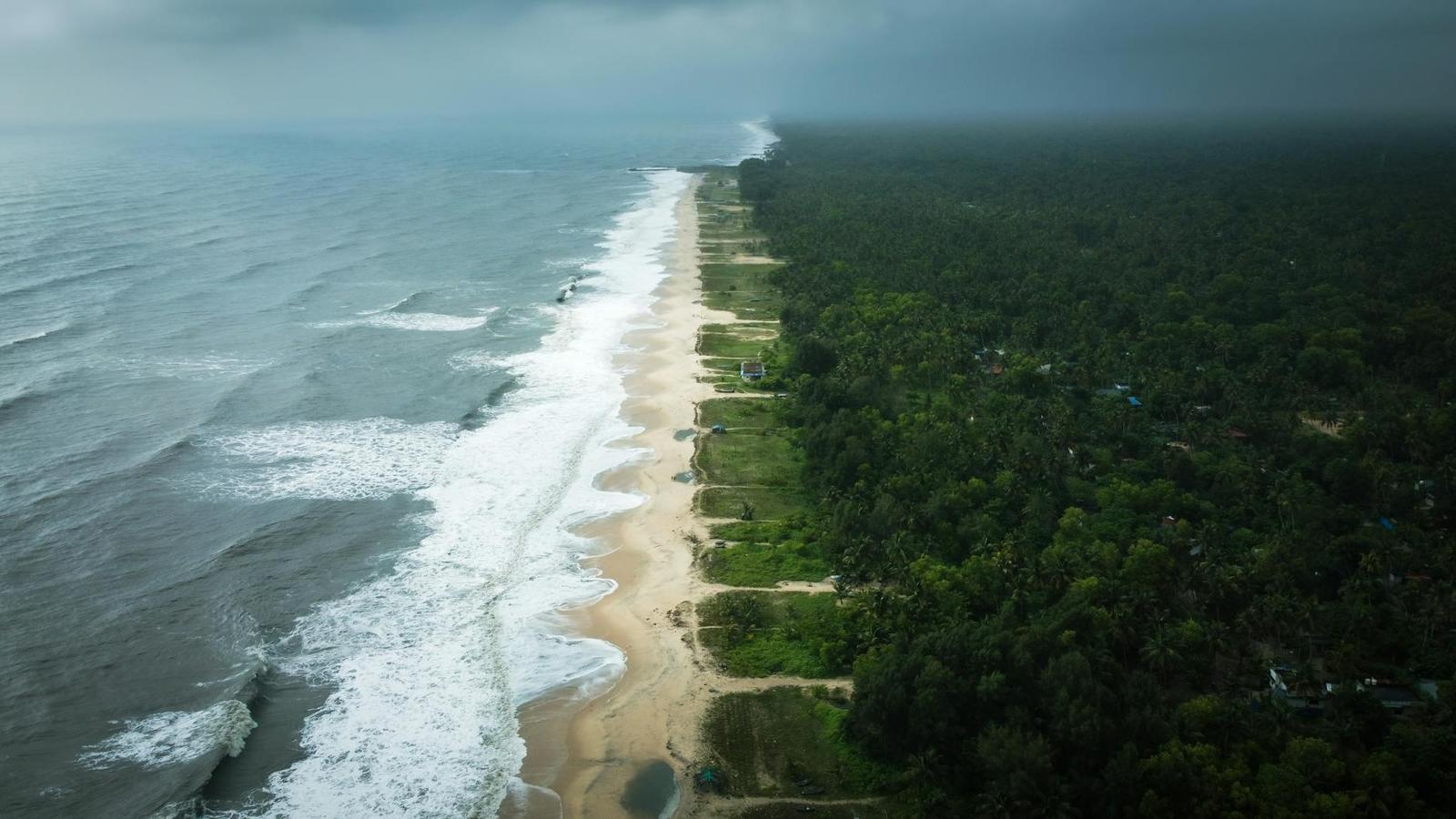 Aerial view of a forested shoreline meeting rough surf under storm clouds
