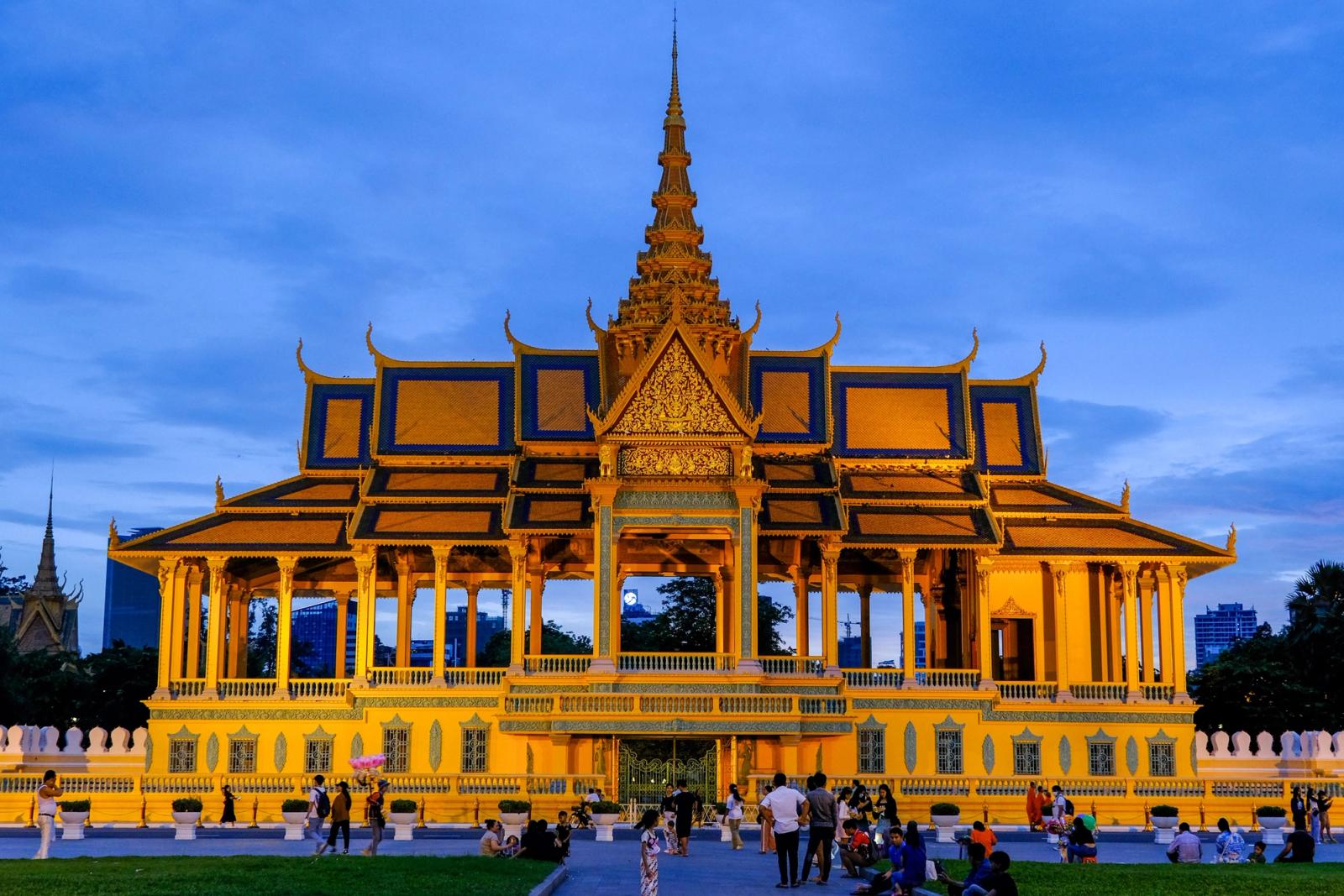 Stunning view of the Royal Palace in Phnom Penh, Cambodia, illuminated at dusk