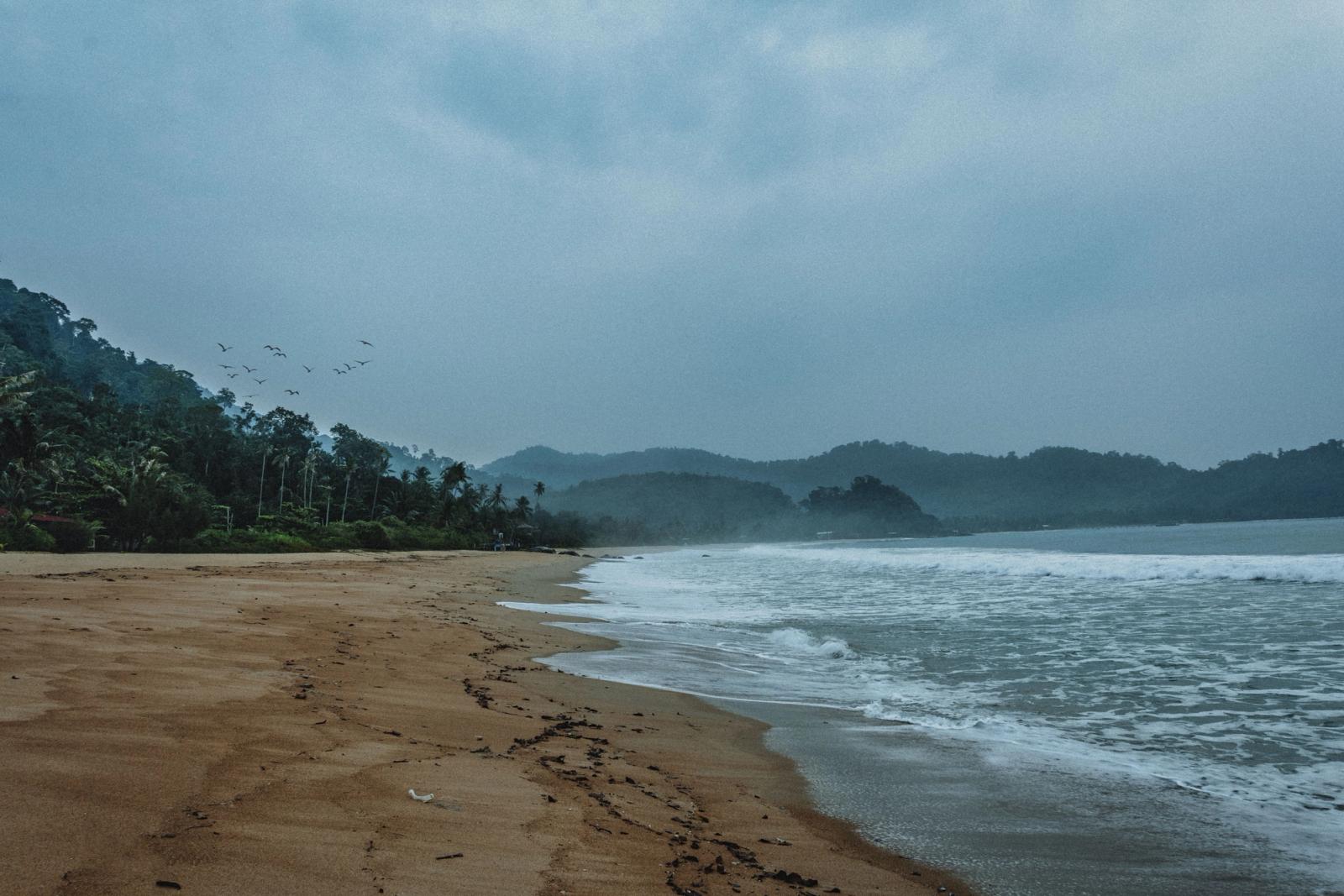 Misty morning view of a tranquil beach on Tioman Island, Malaysia, with waves and lush greenery