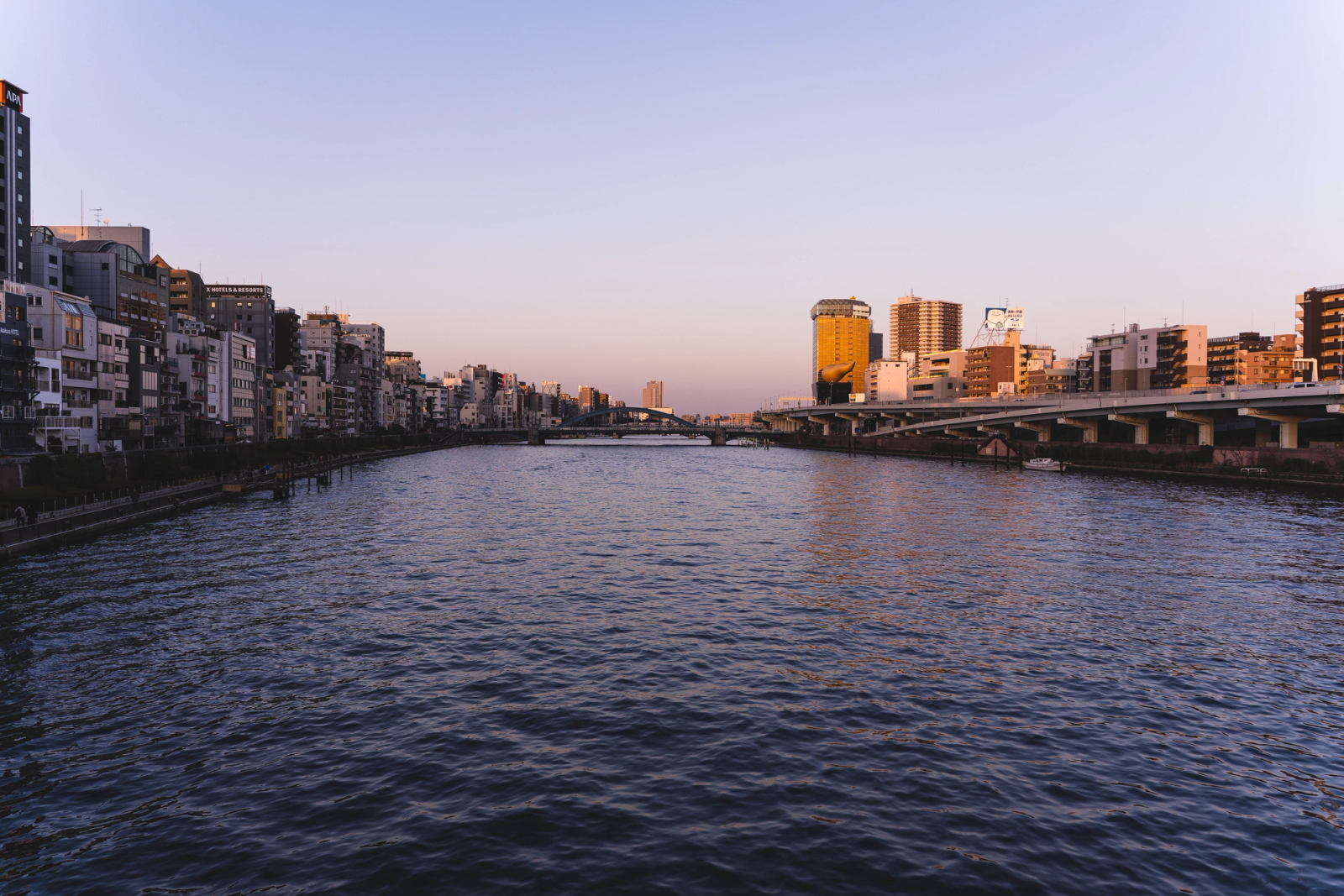 Stunning view of Sumida River in Tokyo, Japan during golden hour with a scenic bridge