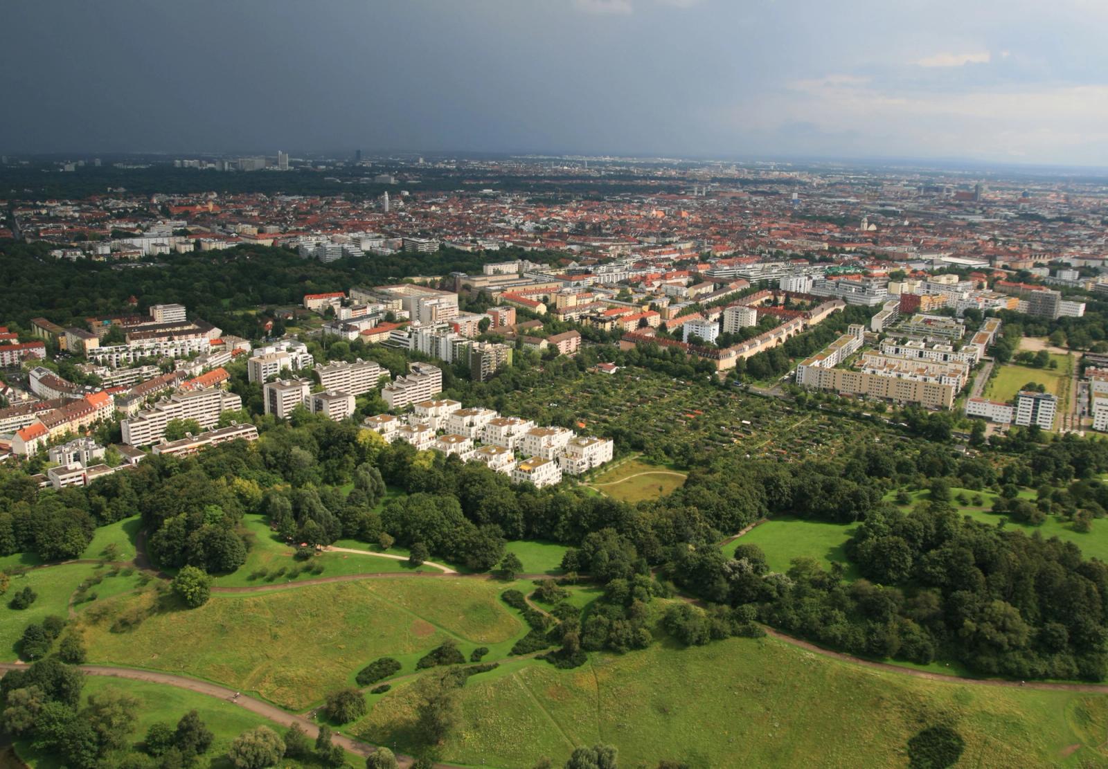 Stunning aerial view of Munich showing the city's urban landscape and green parks
