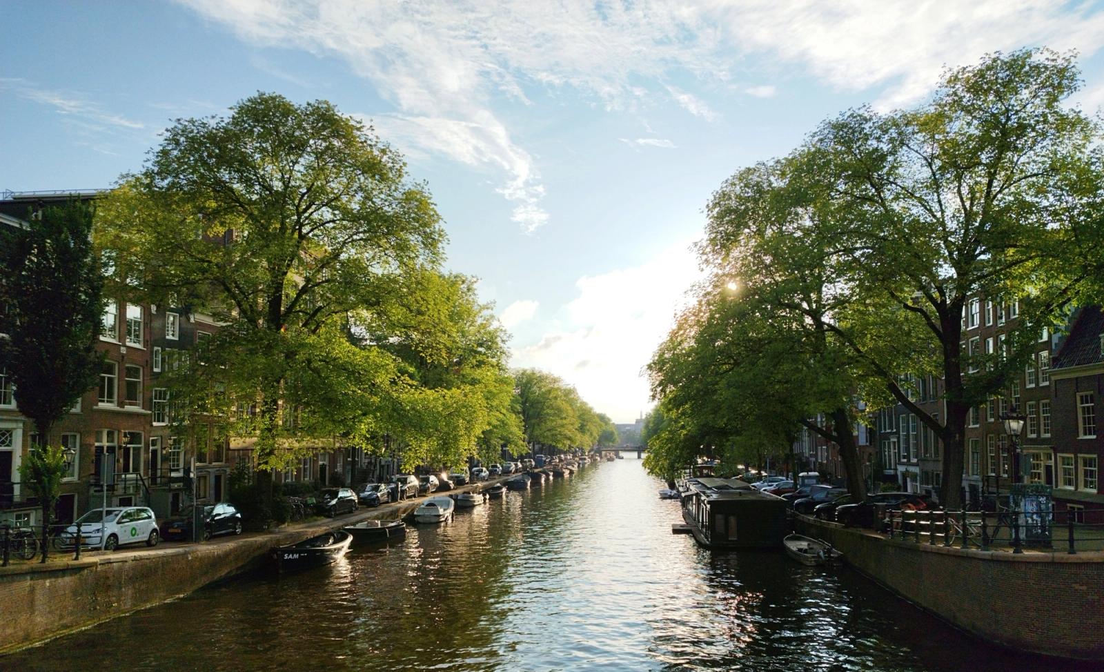 A tree-lined canal with moored boats between rows of townhouses