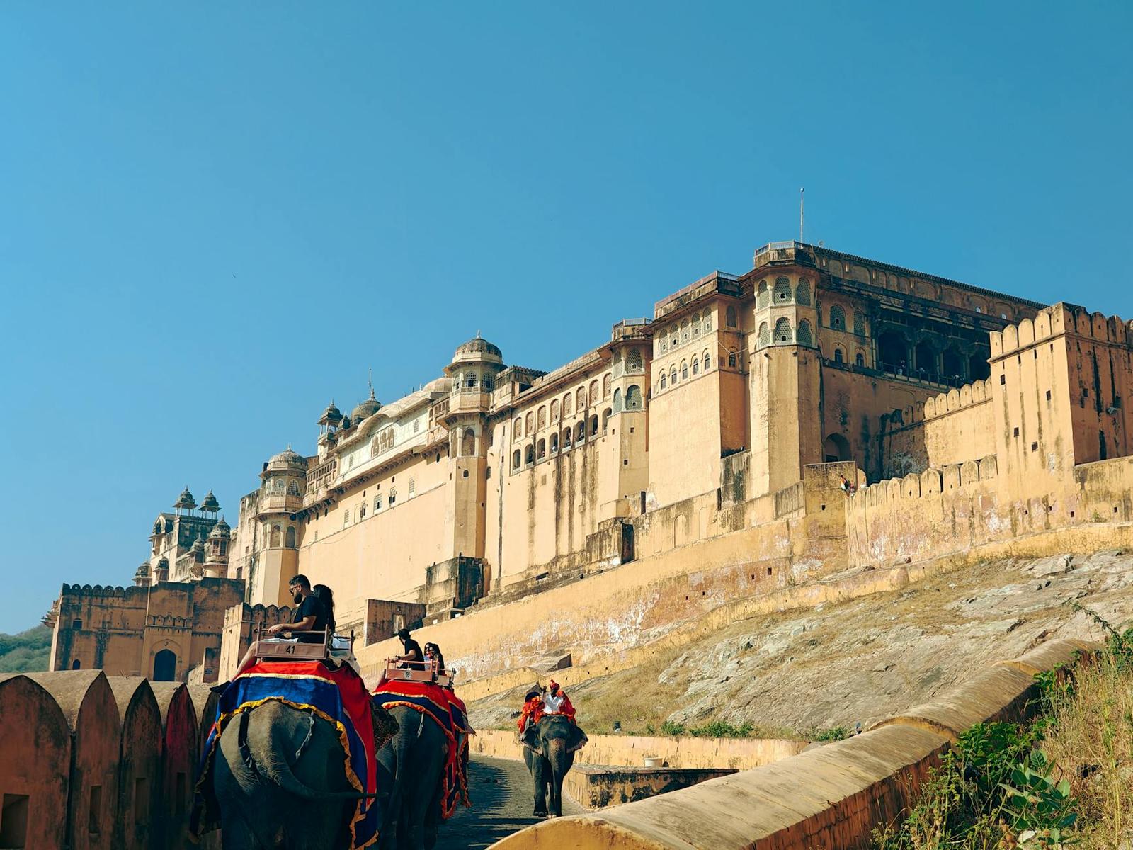 Decorated elephants carrying riders up a path toward a sandstone hill fort