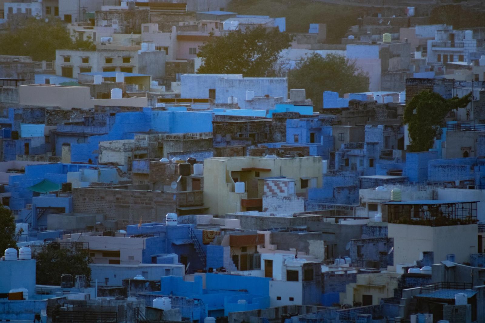 A stunning view of Jaisalmer's iconic blue architecture at dusk in Rajasthan, India