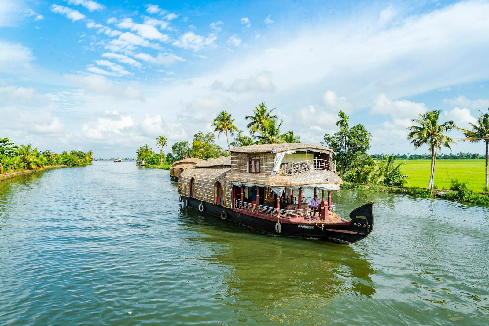 Traditional Kerala houseboats moored on the Alleppey backwaters