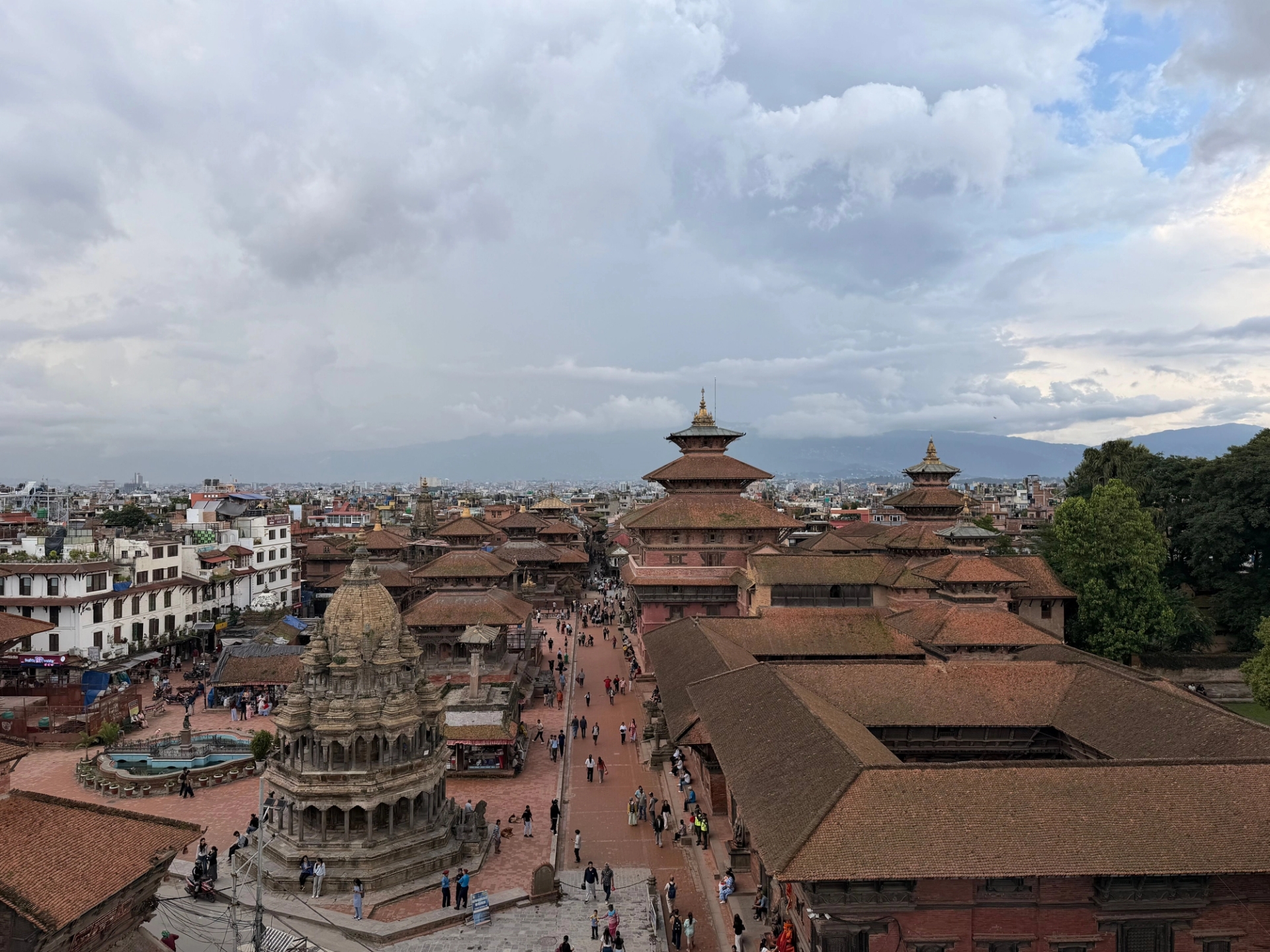 A breathtaking aerial shot of Patan Durbar Square showcasing historic temples and architecture in Kathmandu, Nepal