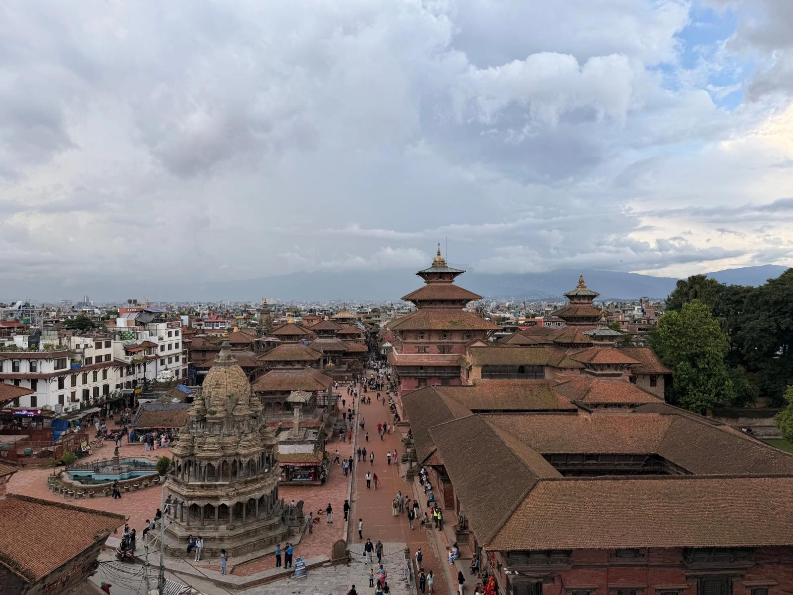 A breathtaking aerial shot of Patan Durbar Square showcasing historic temples and architecture in Kathmandu, Nepal