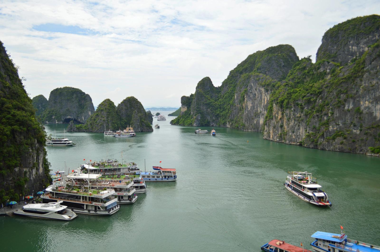 Explore Halong Bay's stunning limestone karsts and bustling cruise boats on a vibrant day