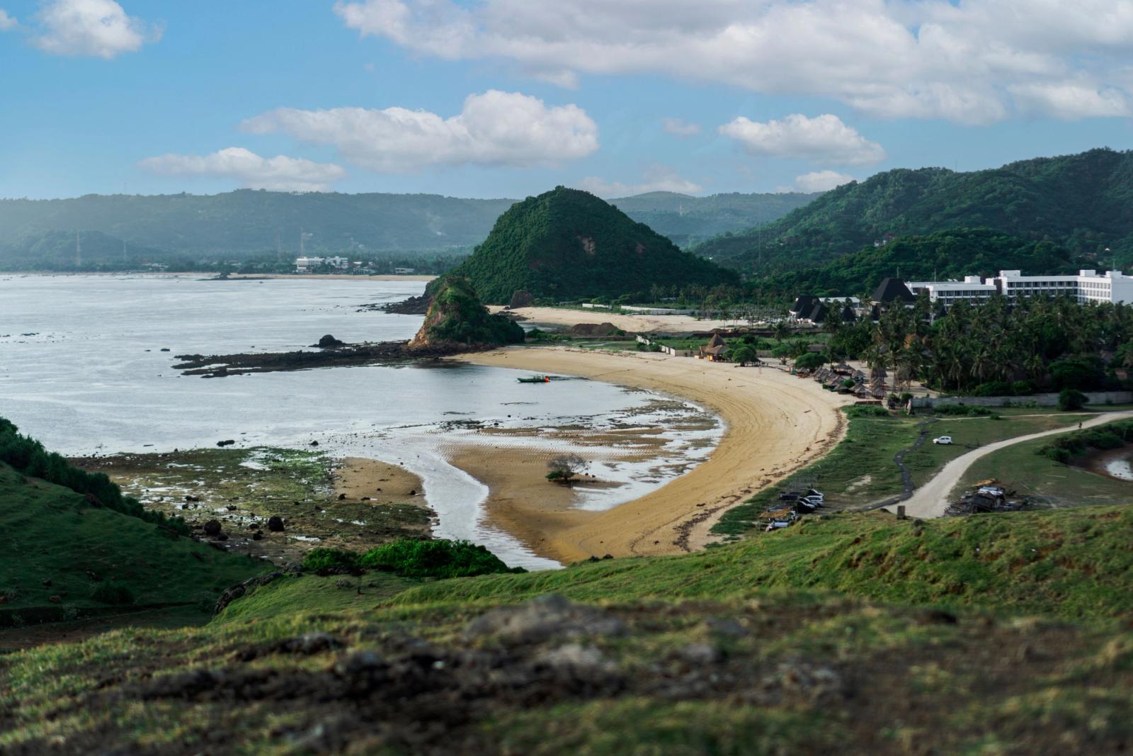 Aerial view of a picturesque beach along the coast of Lombok, Indonesia