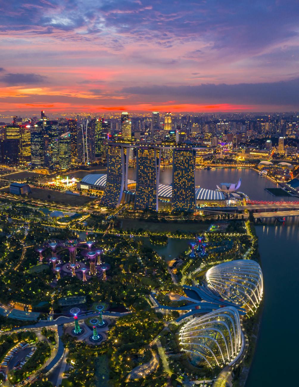 City skyline glowing at sunset above a lantern-lit botanical dome