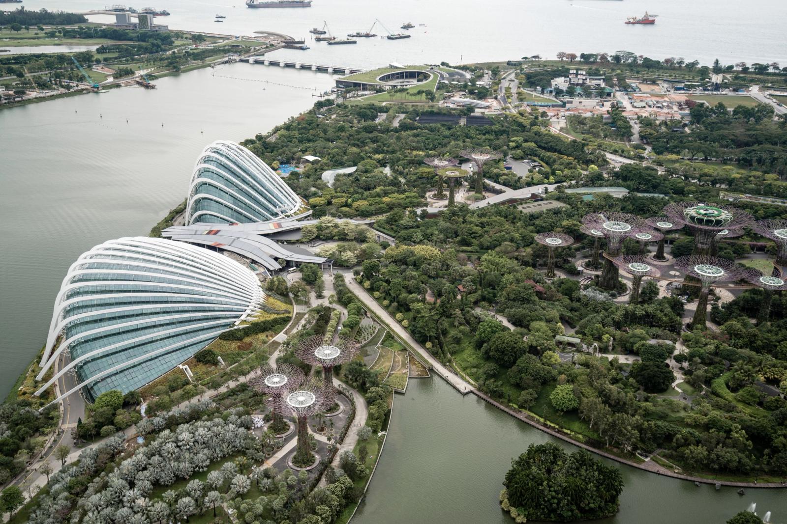 Stunning aerial shot of Gardens by the Bay, showcasing lush greenery and iconic architecture