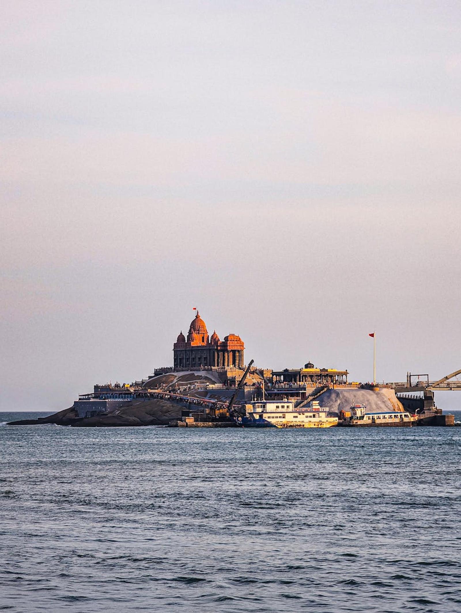 Stunning view of Vivekananda Rock Memorial during sunset