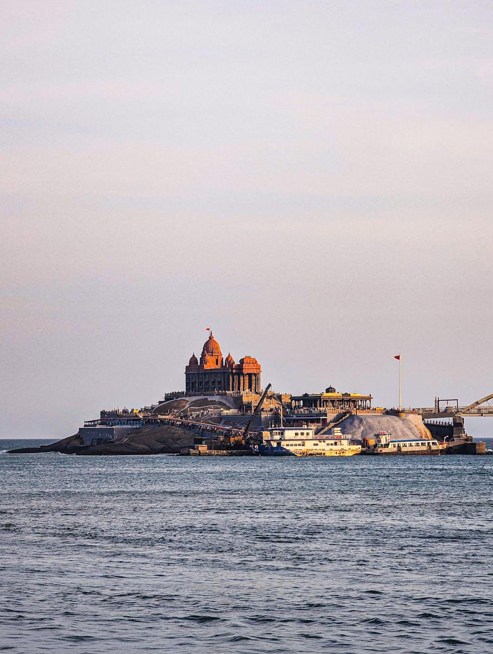Stunning view of Vivekananda Rock Memorial during sunset