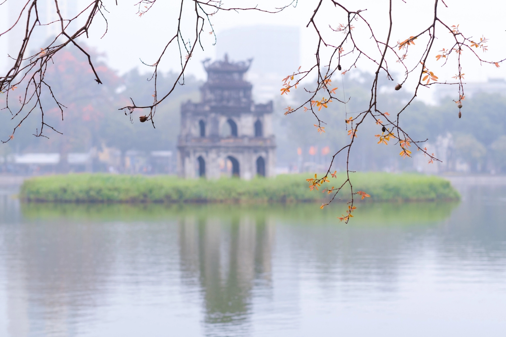 A serene view of Turtle Tower on Hoan Kiem Lake in Hanoi, framed by tree branches