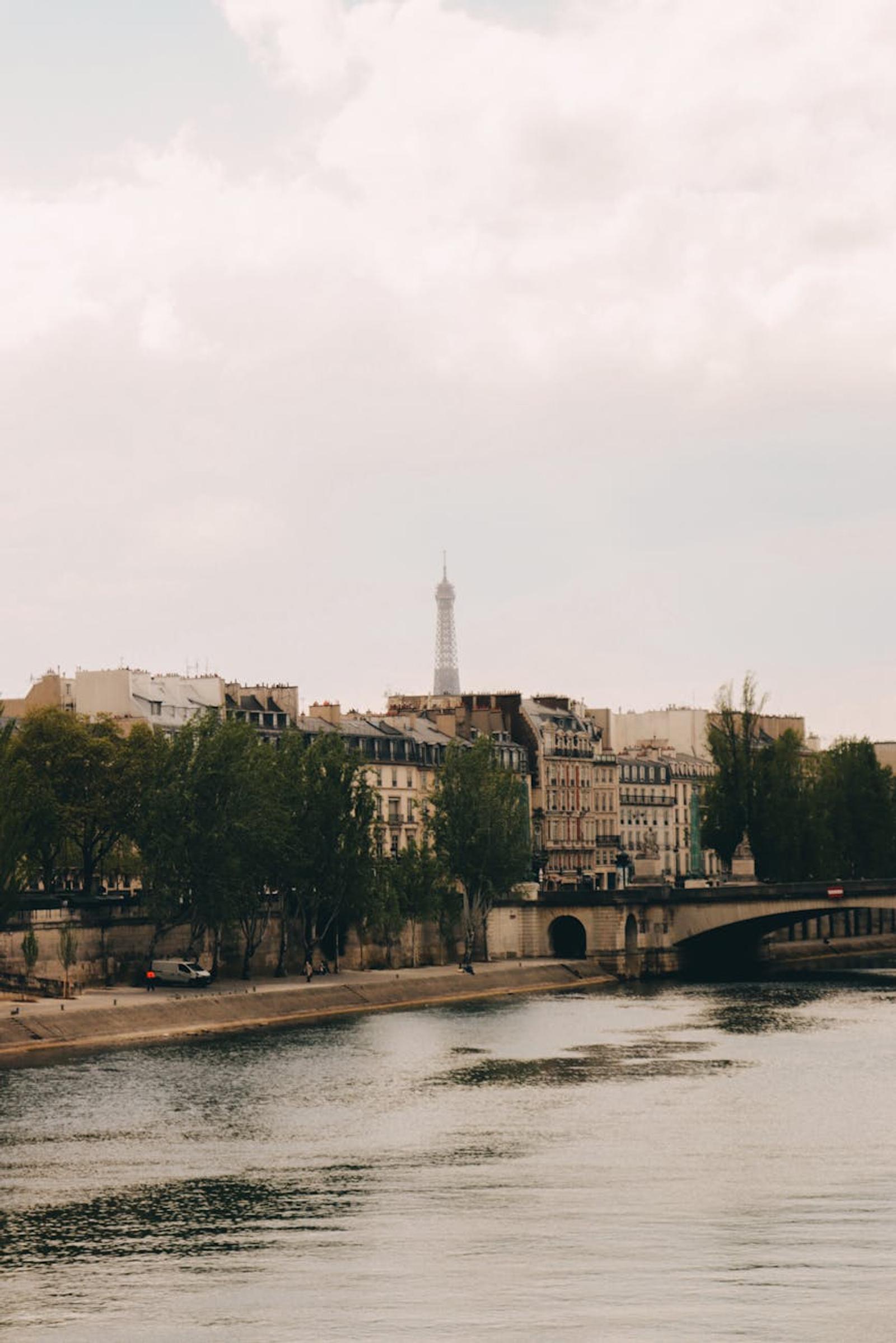 Scenic view of Paris with the Eiffel Tower and Seine River under a cloudy sky