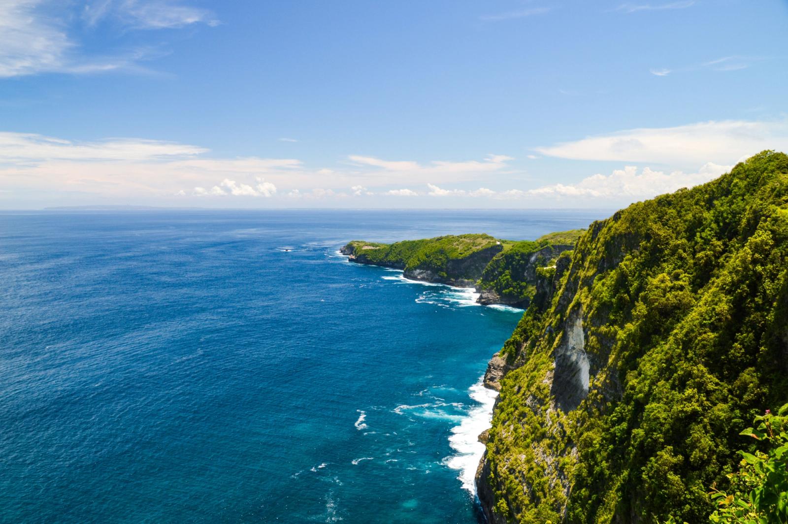 Breathtaking view of lush cliffs meeting blue ocean waters in Bali, Indonesia