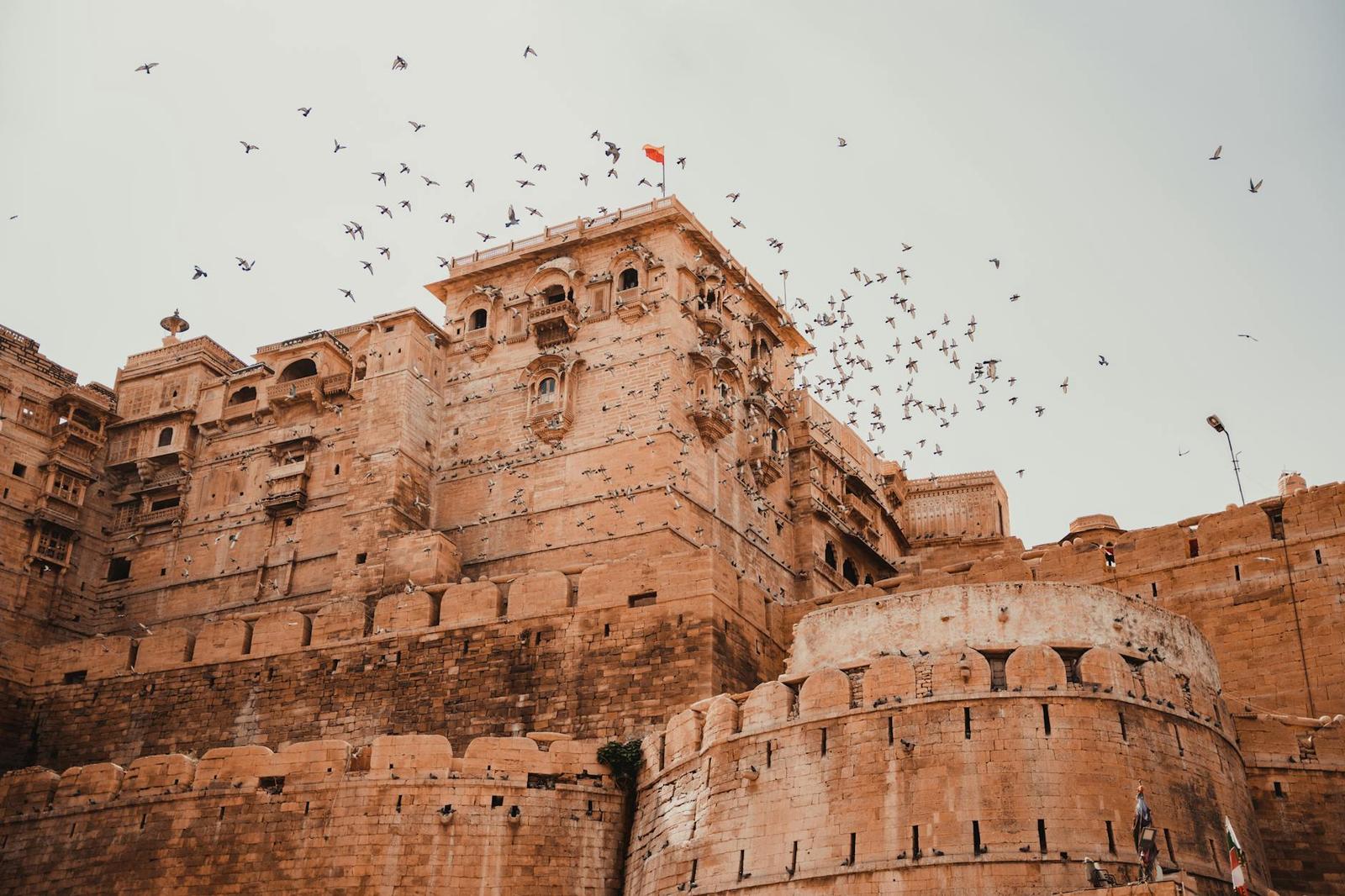 A flock of birds circling above the sandstone ramparts of a hilltop fort