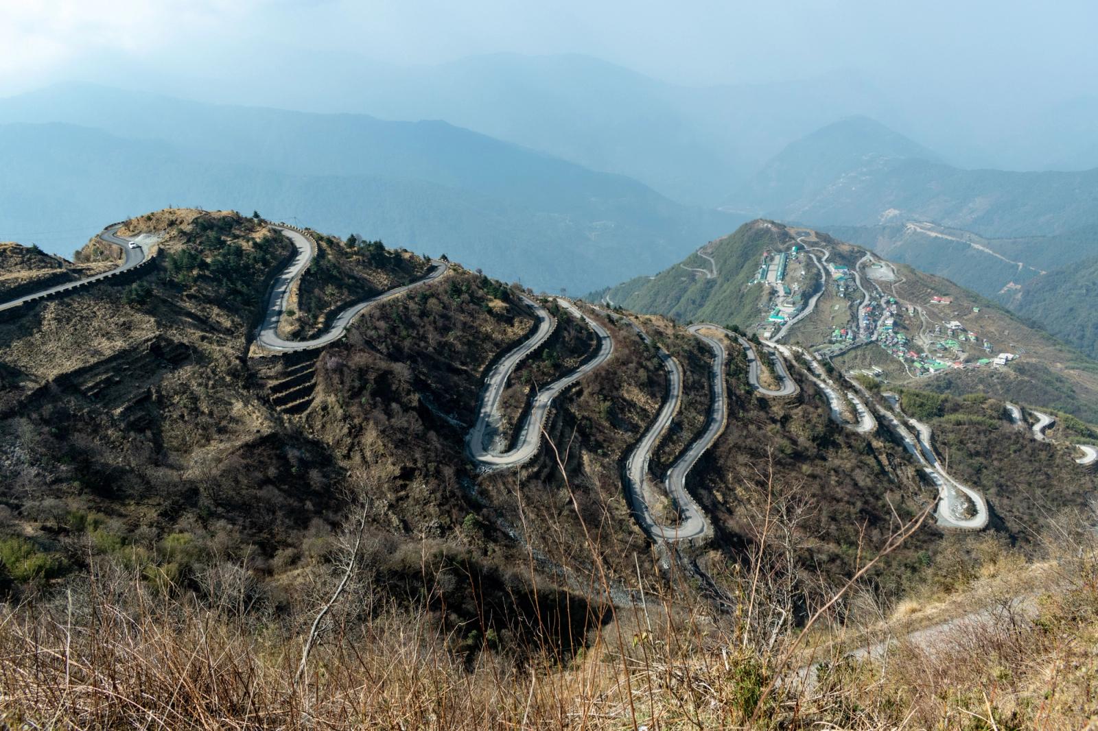 Breathtaking view of the serpentine roads and mountains of Zuluk in Sikkim, India