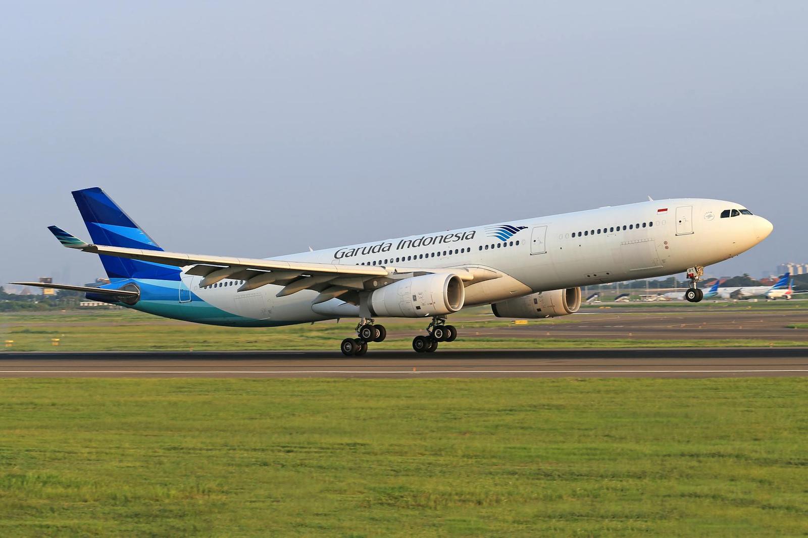 A wide-body passenger jet touches down on an airport runway