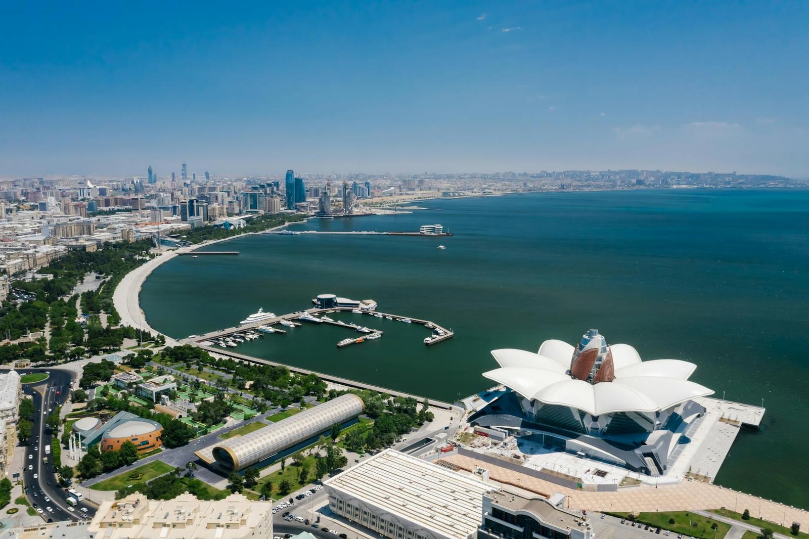 Aerial view of a coastal city with a flower-shaped waterfront building