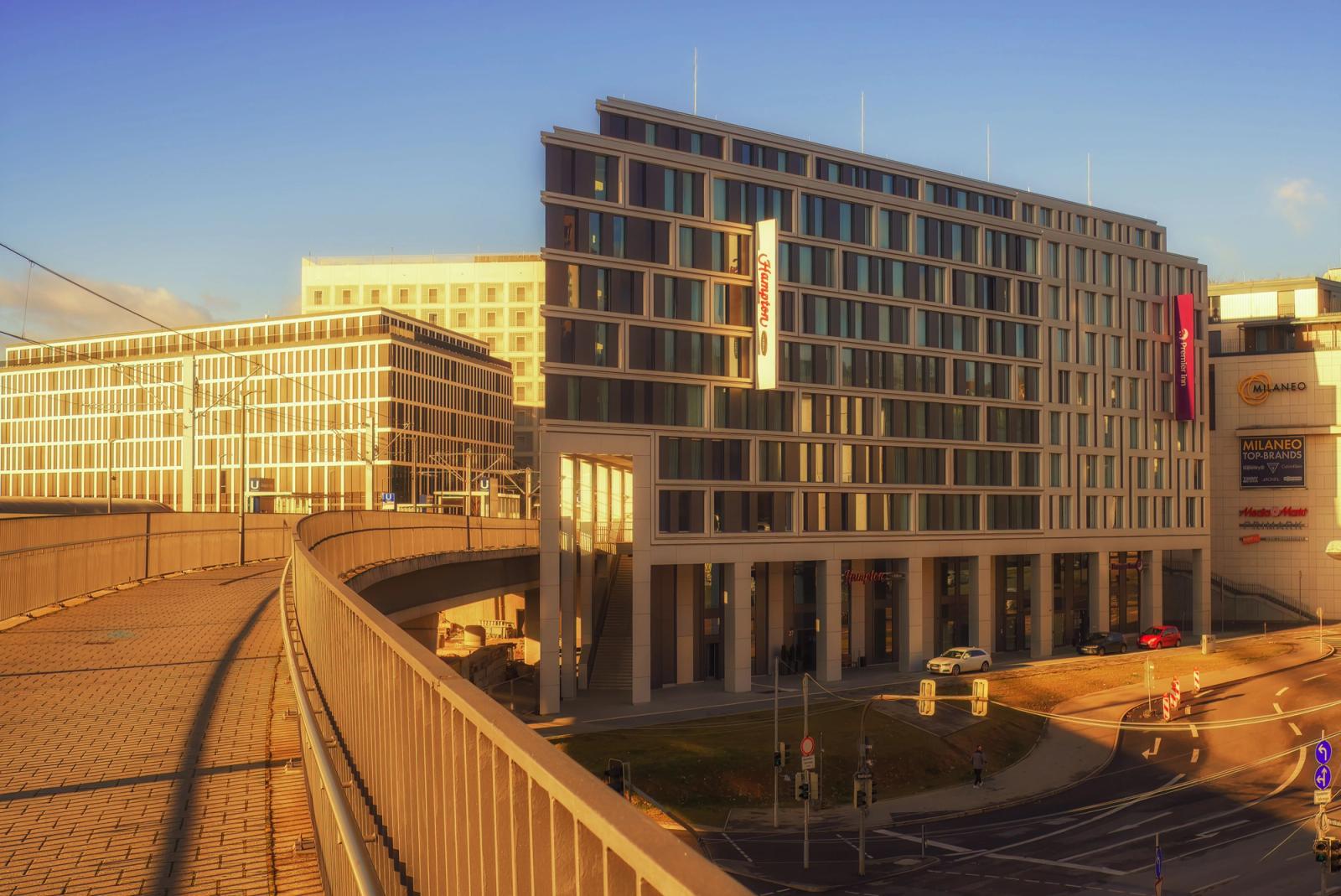 Modern hotel building exterior in Stuttgart, Germany, during daytime. Urban architecture and design