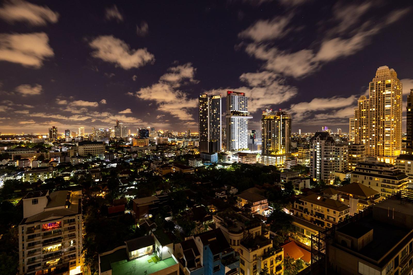 Aerial night view of a city skyline with illuminated towers rising above dark treetops