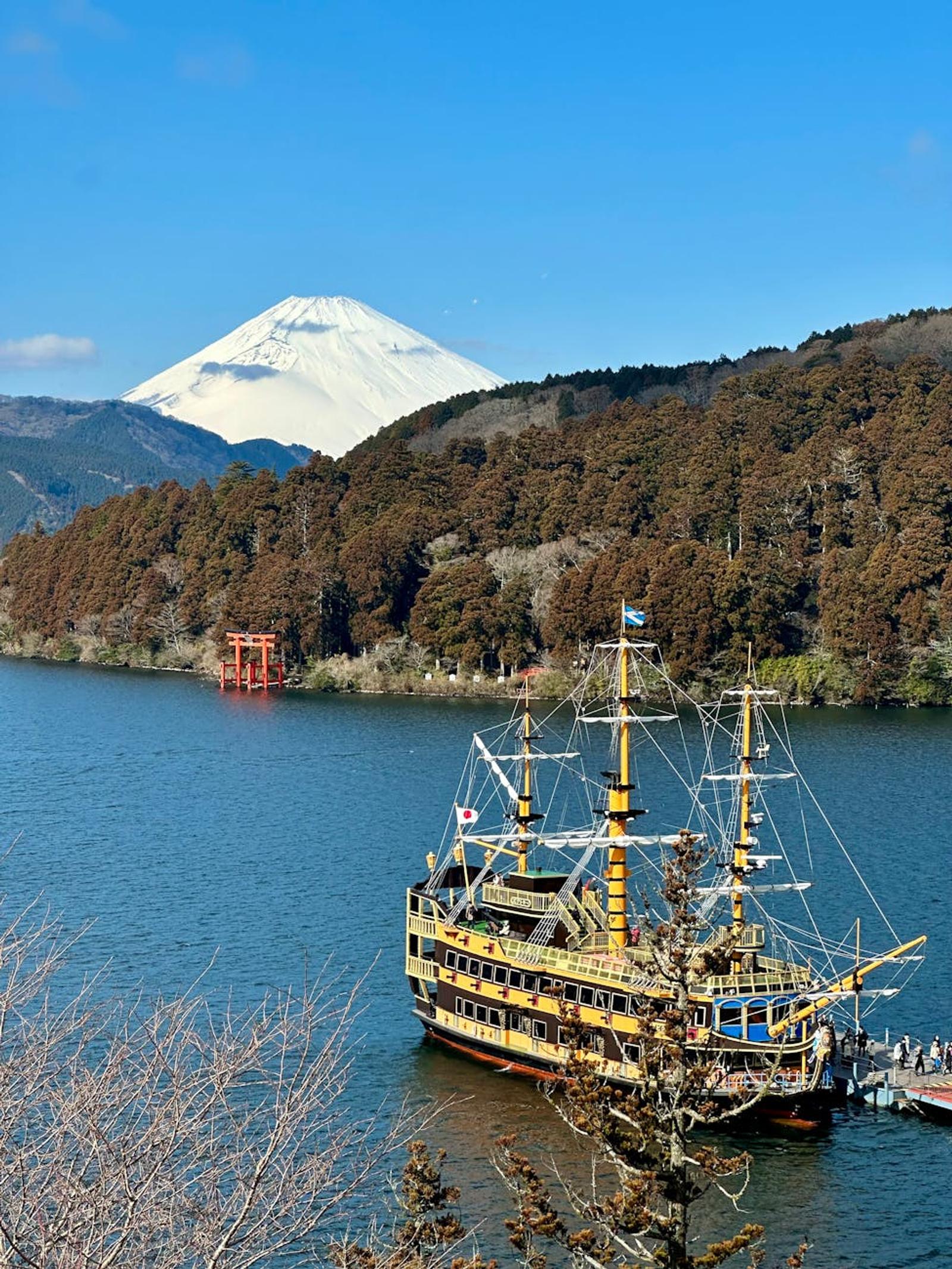Captivating vista of Lake Ashi and Mount Fuji with a pirate ship in Hakone, Japan