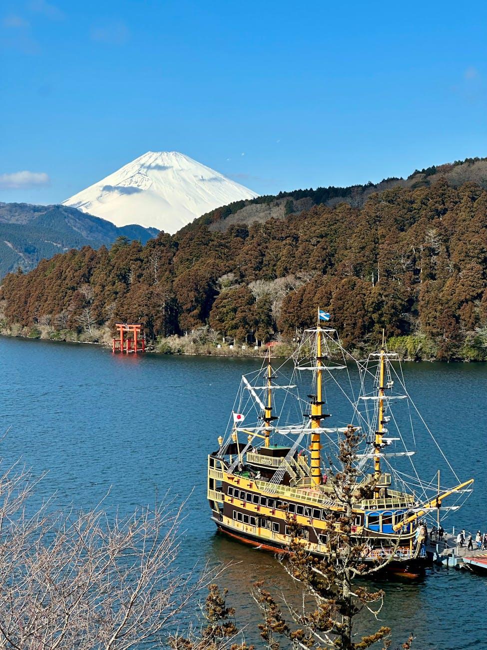 Captivating vista of Lake Ashi and Mount Fuji with a pirate ship in Hakone, Japan