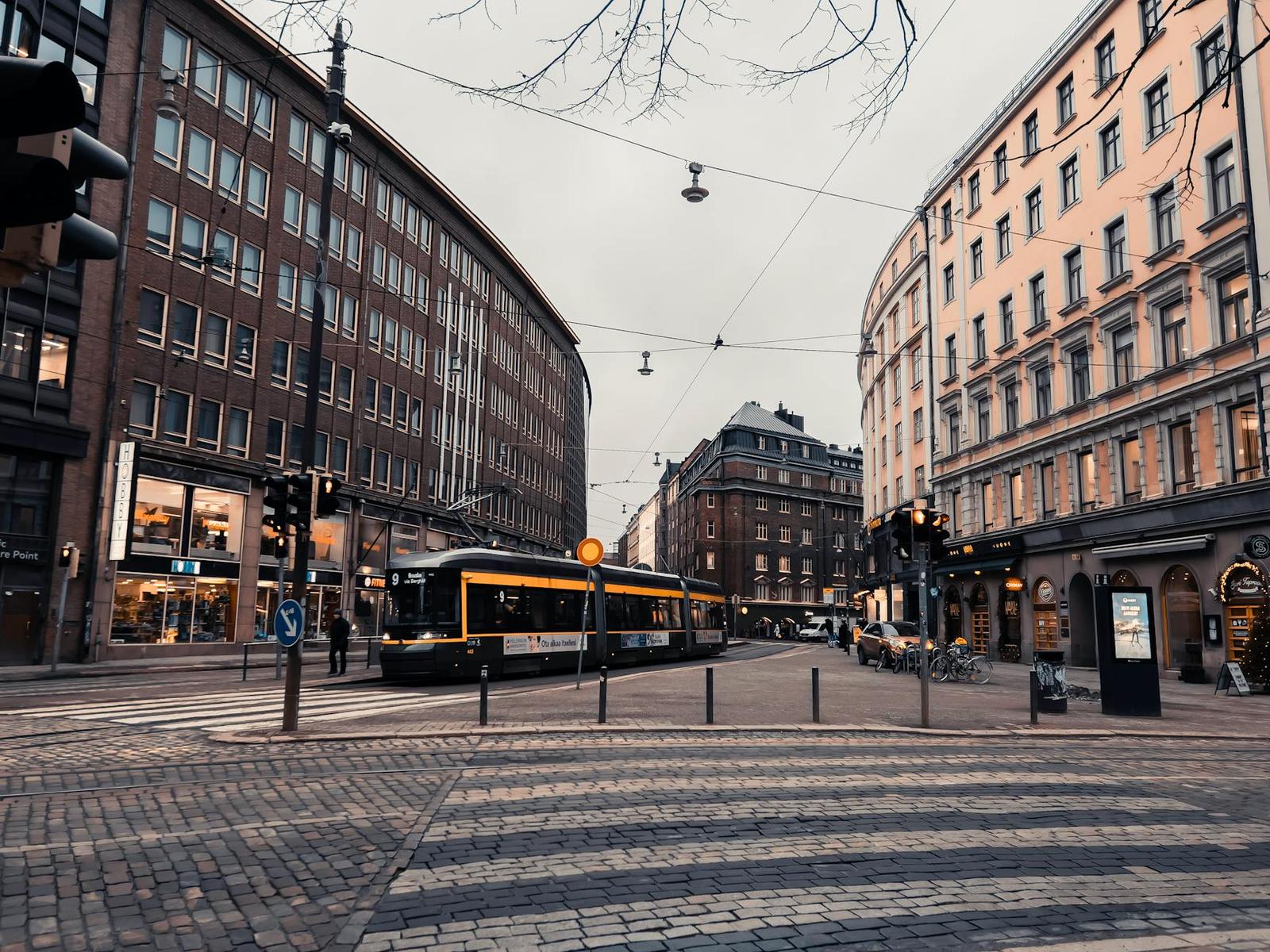 Evening street view of a tram in Helsinki