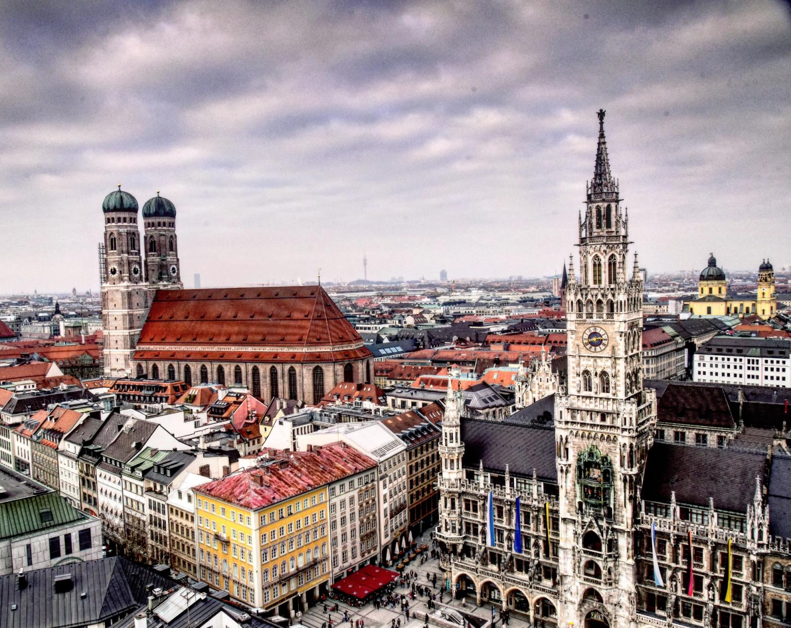 Scenic aerial view of iconic buildings in Munich, Germany, showcasing historical landmarks and architecture