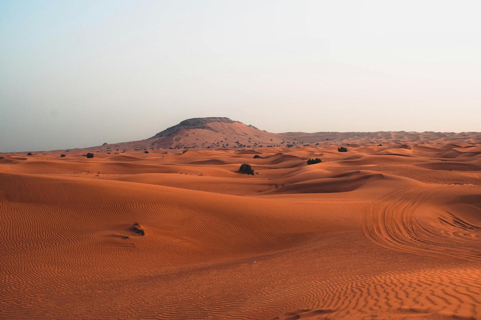 Rippled red sand dunes rolling toward a hill at dusk
