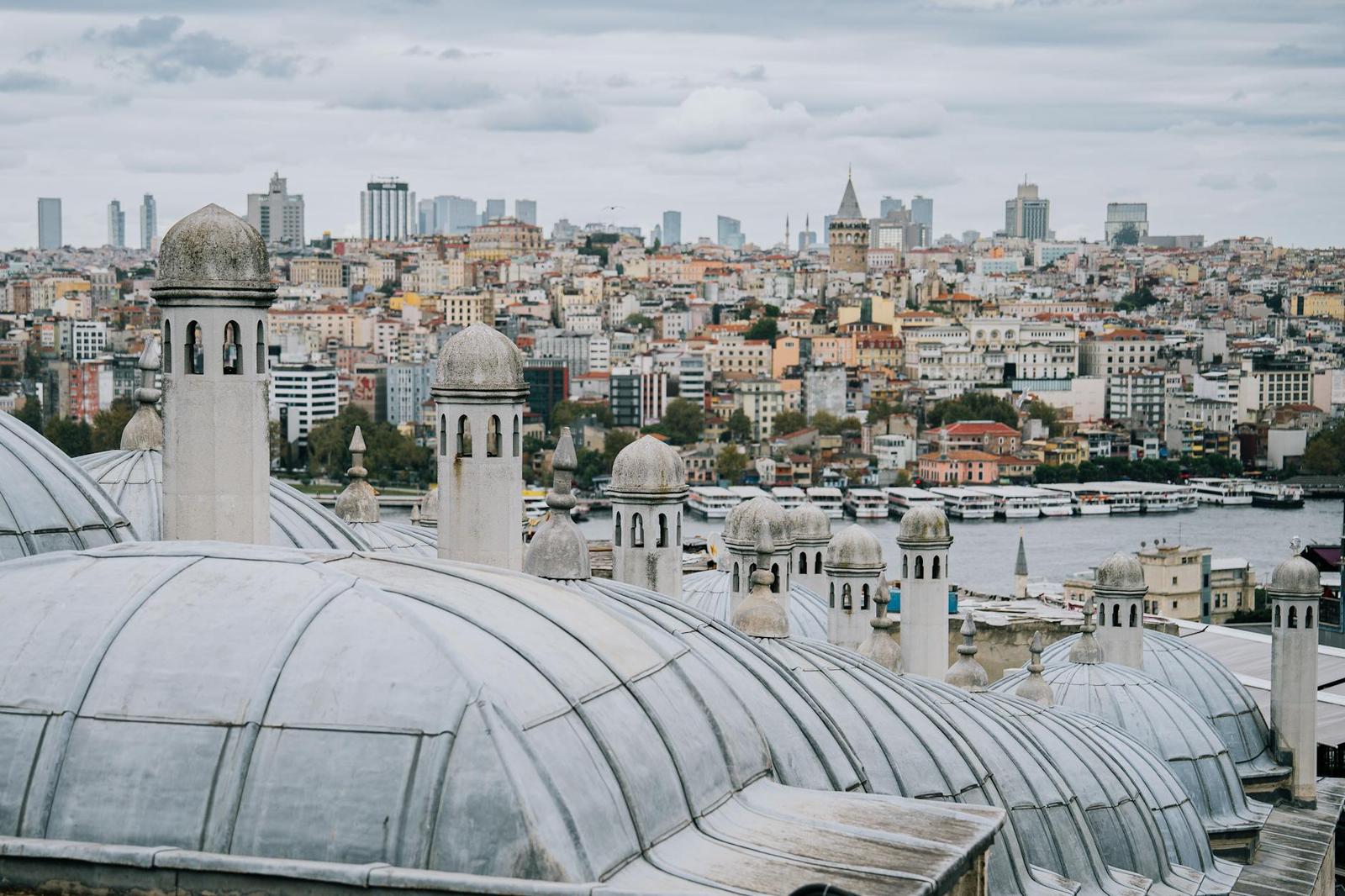 Roofscape with Galata Tower in Istanbul overlooking the urban skyline and Bosphorus