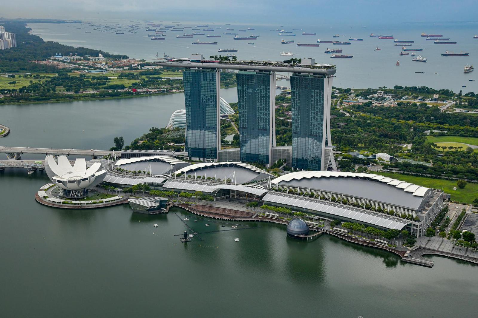 Aerial view of Marina Bay Sands and its waterfront gardens