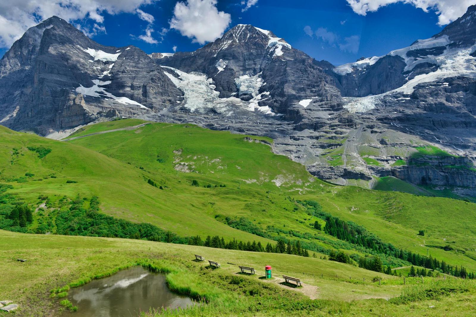 Picnic benches in a green alpine meadow facing snow-capped peaks