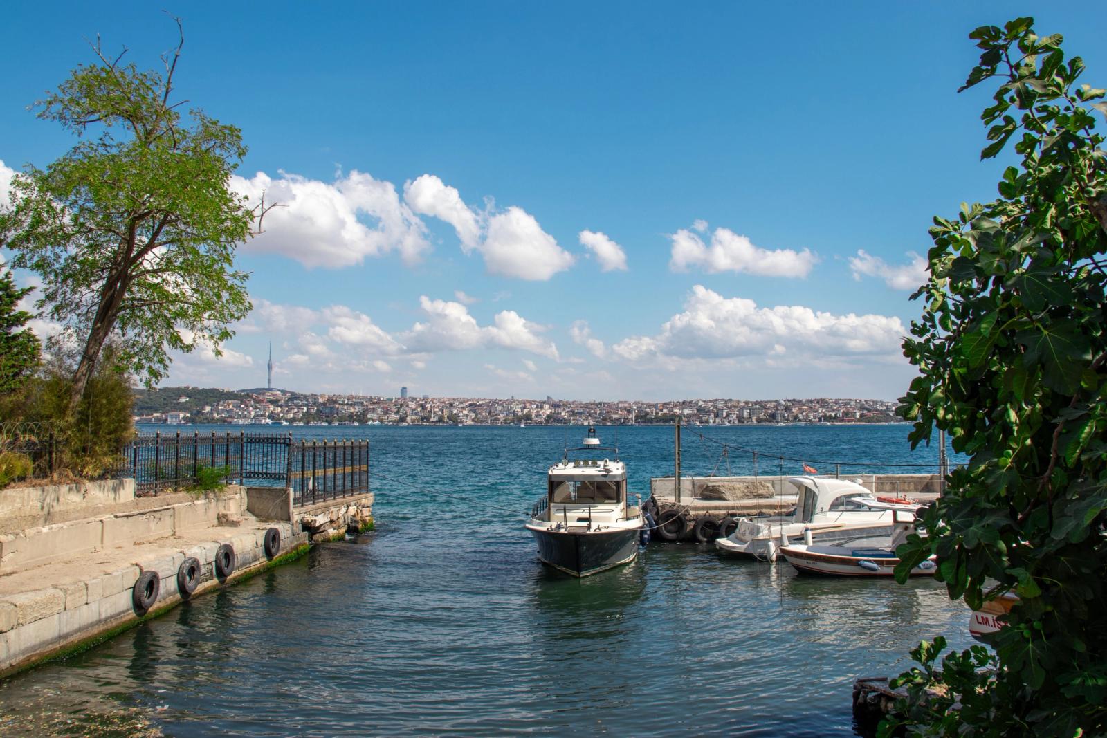 A picturesque view of the Bosphorus Strait in Istanbul with boats docked under a clear blue sky