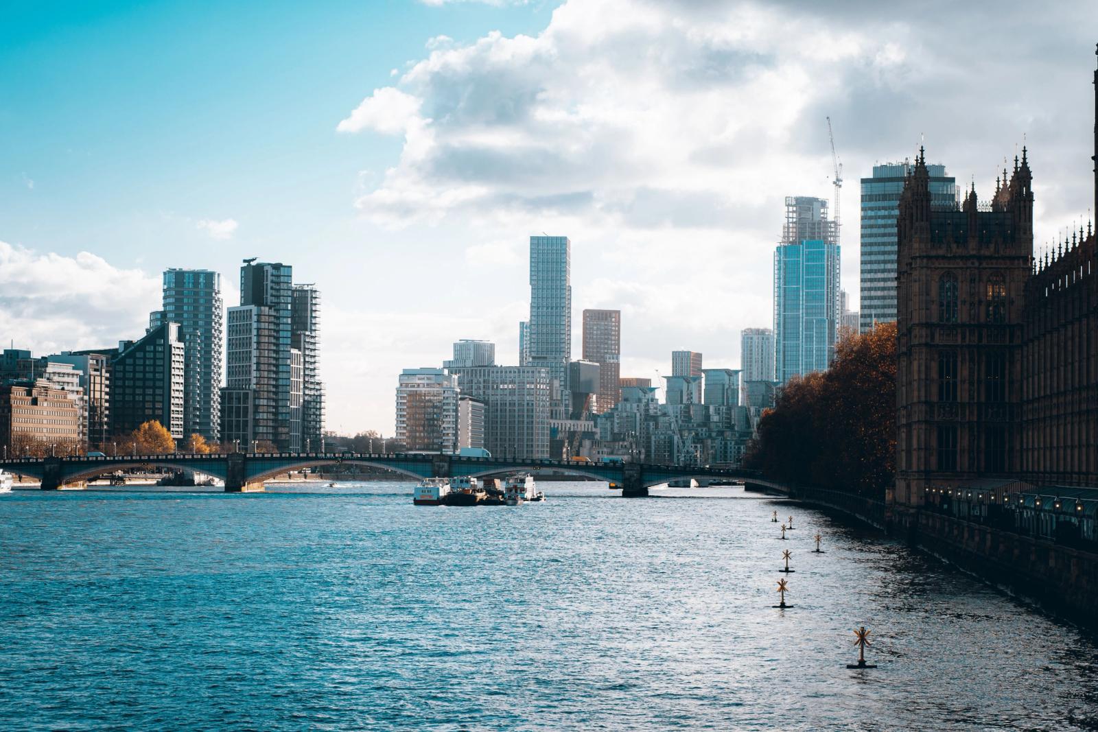 Stunning view of London's skyline and River Thames, featuring iconic landmarks and modern architecture