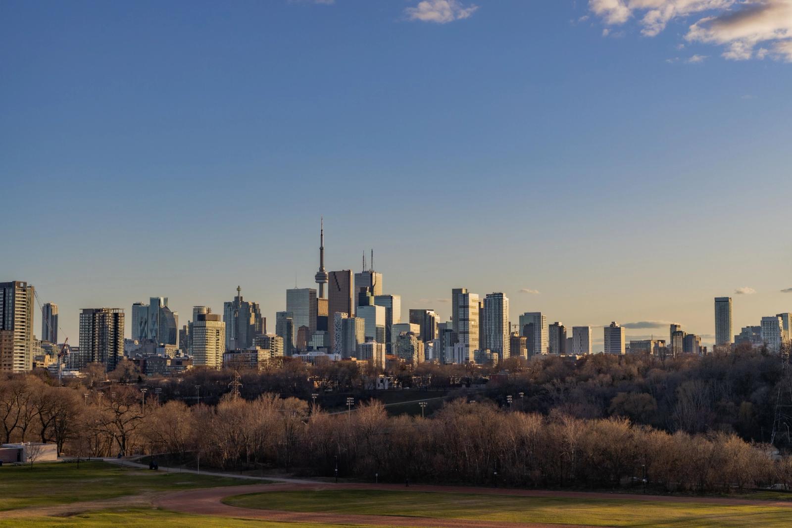 Beautiful view of Toronto skyline at sunset from Riverdale Park