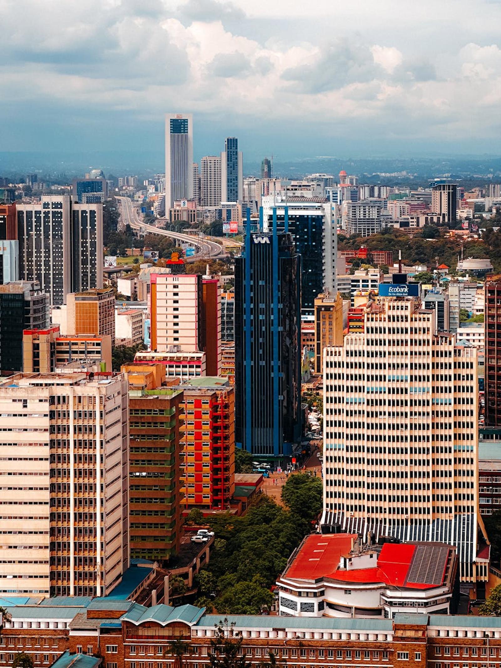 Vibrant aerial shot of Nairobi's skyline showcasing modern skyscrapers and urban landscape