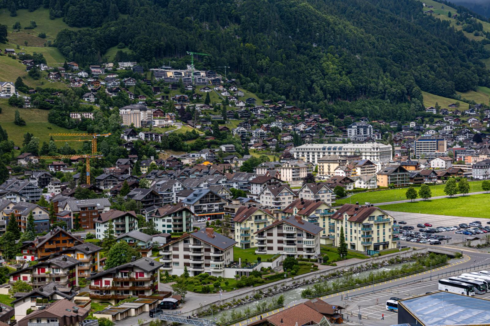 A beautiful aerial view of Engelberg, Switzerland showcasing charming houses and lush mountains