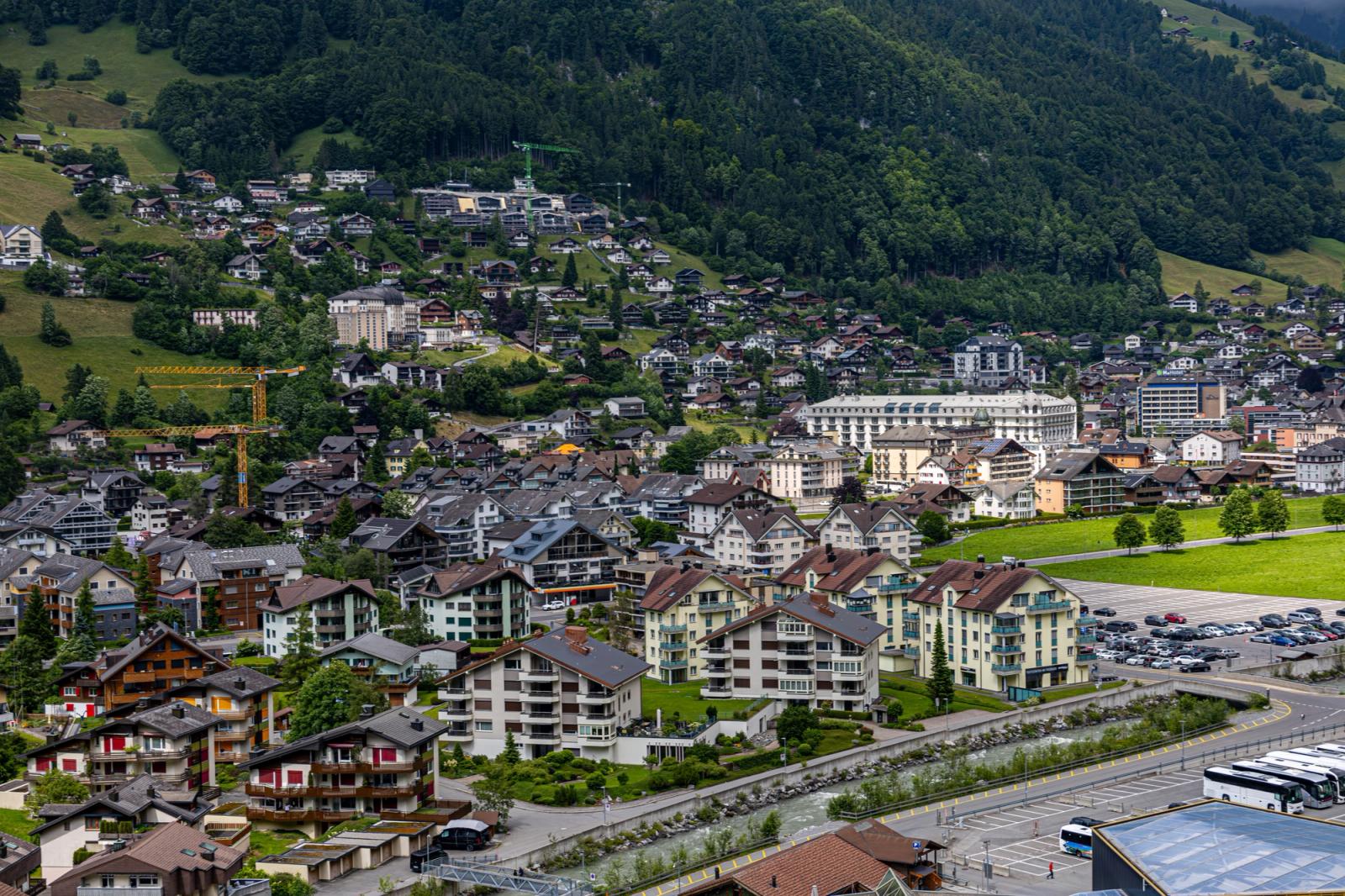 A beautiful aerial view of Engelberg, Switzerland showcasing charming houses and lush mountains