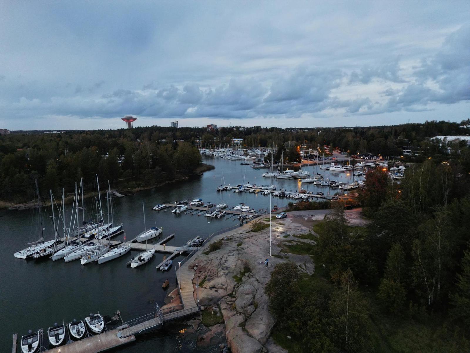 Aerial view of sailboats moored in a wooded marina at dusk
