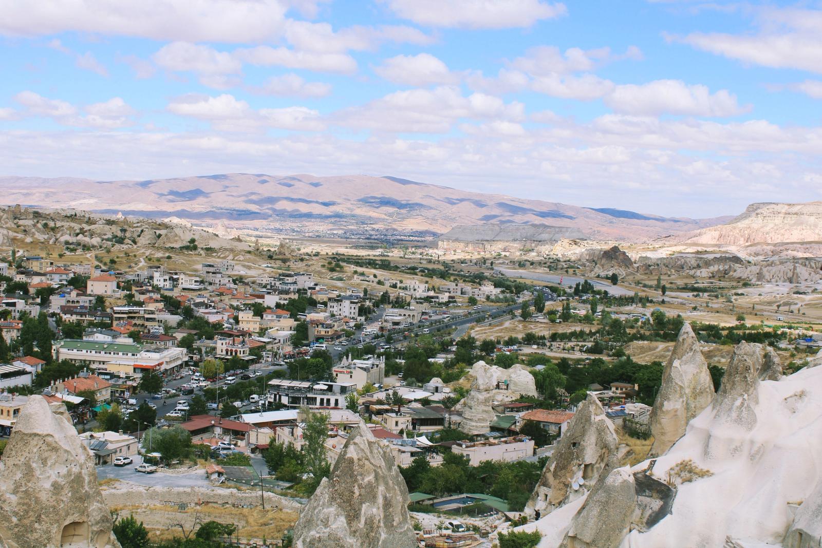 Scenic aerial view of Göreme town in Cappadocia, Turkey with unique rock formations