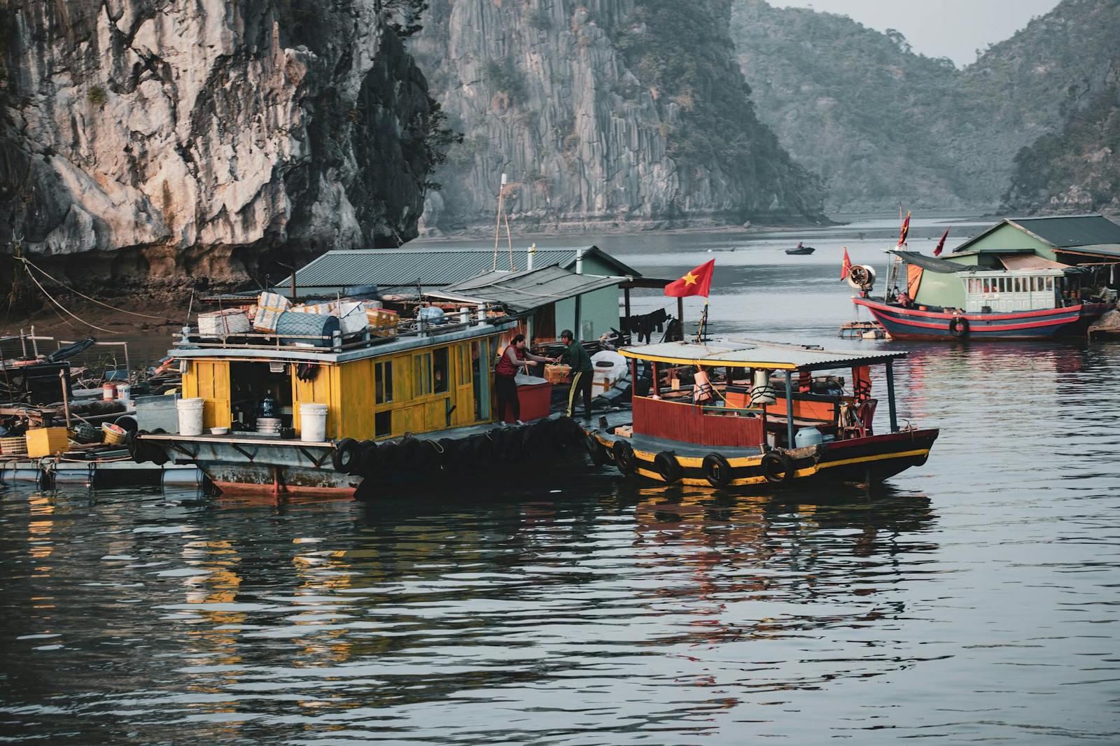 Colourful fishing boats moored together in a floating village beneath limestone cliffs