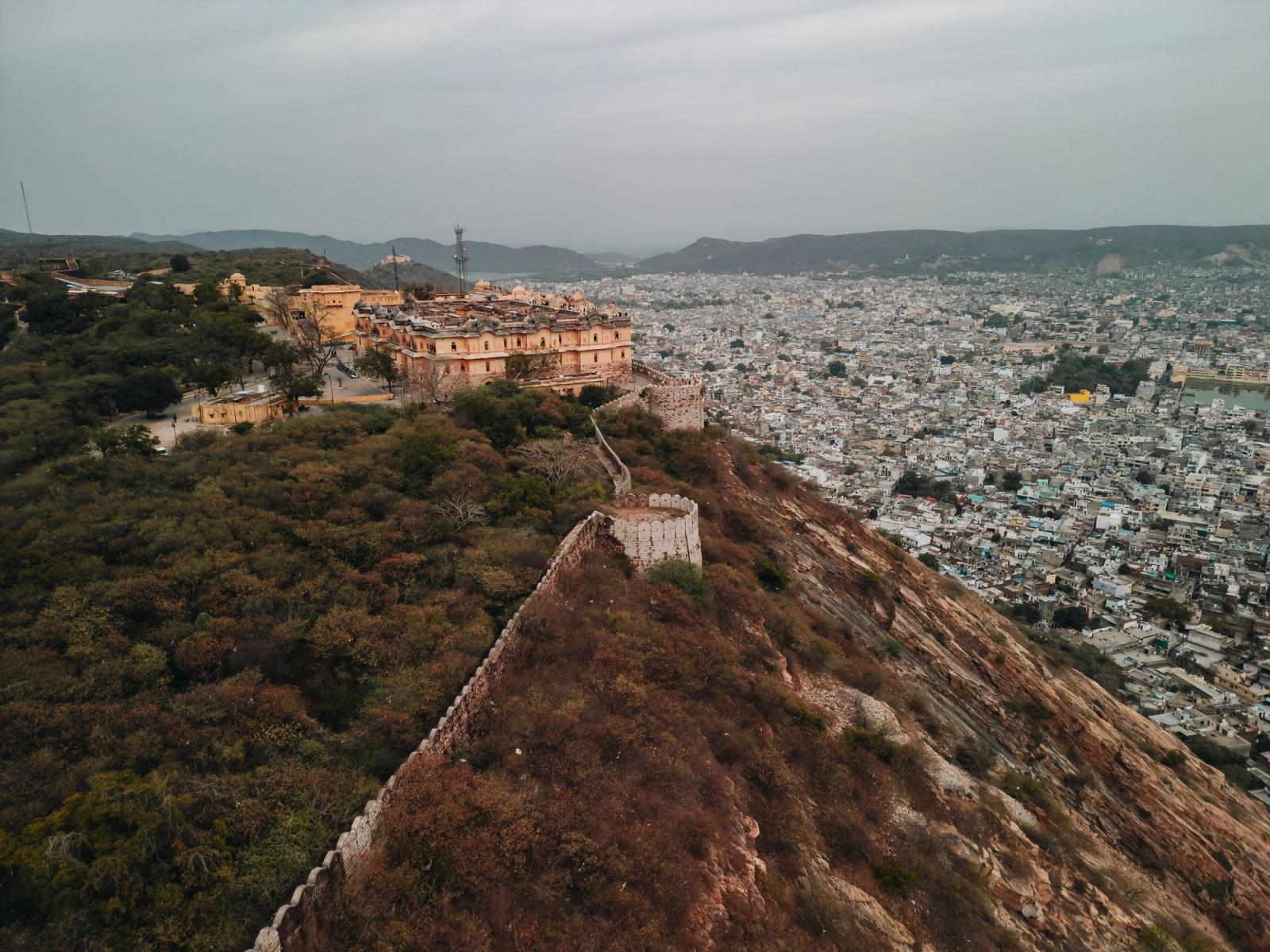 Stunning aerial shot of Nahargarh Fort overlooking the hillside and cityscape of Jaipur, Rajasthan