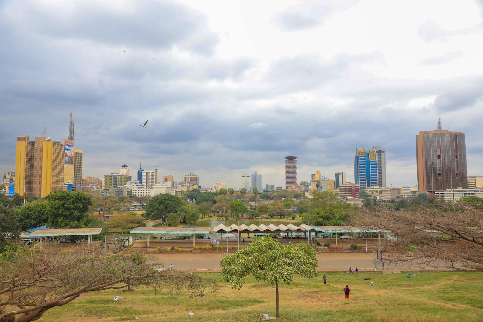 A city skyline seen across a park with distant figures on the lawn