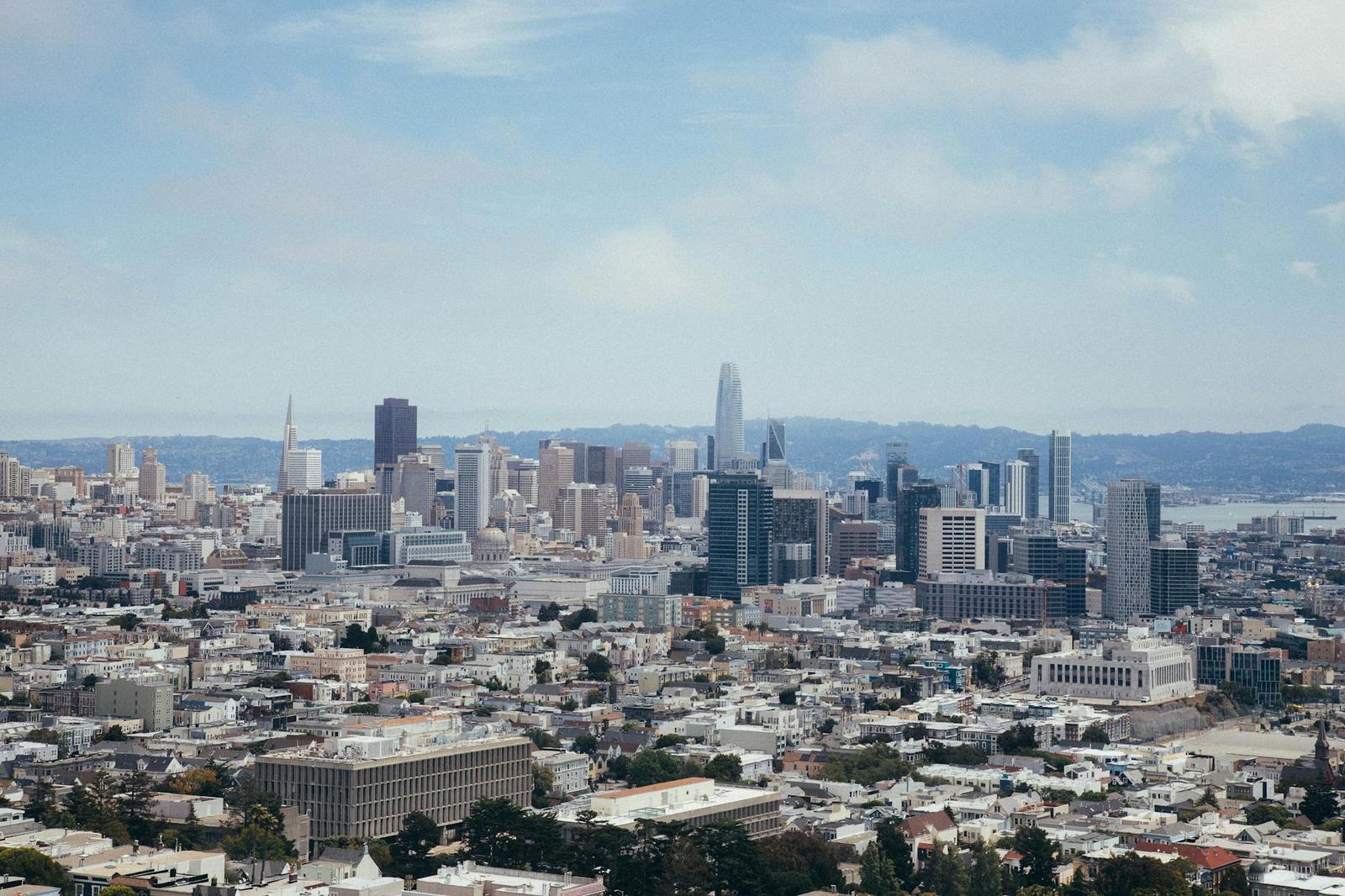 A hillside view over rooftops toward a downtown skyline and bay beyond